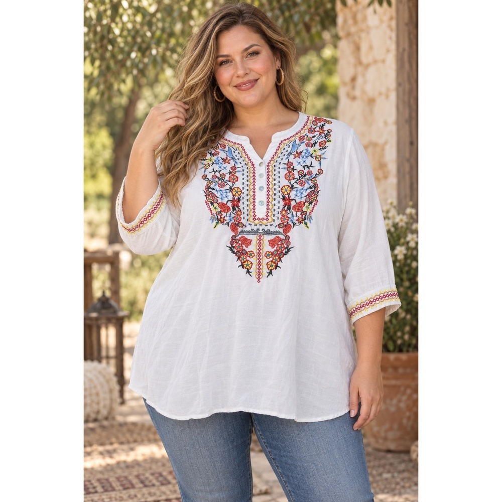 64 Sixty Five Women's XXL White Embroidered Tunic Blouse Boho 3/4 Sleeve